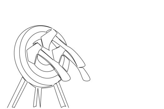 continuo línea dibujo de un trípode objetivo con múltiple hachas incrustado después tirar, Deportes concepto para recreativo competencia. internacional hacha lanzamiento día. competencia evento póster escena vector