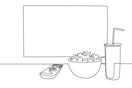 Continuous line drawing close up of a bowl of popcorn, a remote control, and a drink cup, symbolizing a home movie setup with big TV screen on wall. Home cinema essentials and simple viewing rituals. vector