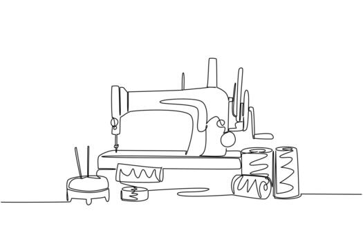 Celebrate National Sewing Machine Day with an industry concept layout in continuous line drawing, featuring a machine surrounded by spools, bobbins, and pin cushion, sewing thread setup. vector