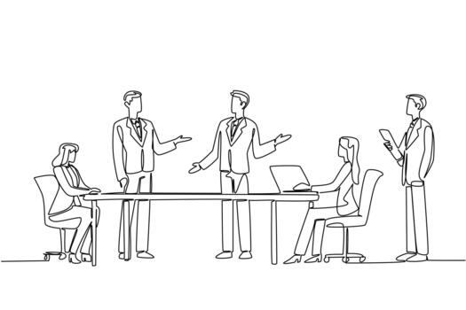 Single line draw of a business meeting with three men standing and speaking, two women seated at a table, and one man standing with a tablet, representing discussion and teamwork. Boardroom Leadership vector