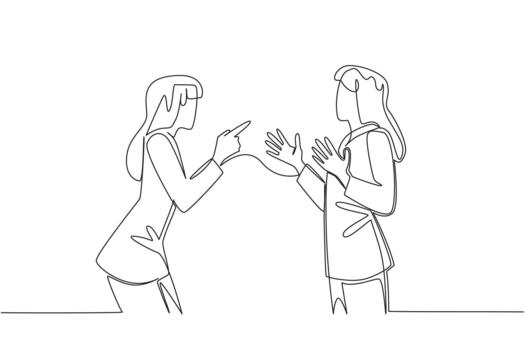 Single line drawing of two businesswomen in an argument, pointing with hands raised, symbolizing conflict and mutual blame. Concept related to an international event National Blame Someone Else Day. vector