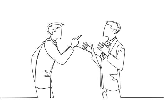 uno línea dibujar de dos empresarios hacer argumento, uno señalando con manos elevado en exasperación o defensa, representando conflicto y culpa. concepto de internacional evento nacional culpa alguien demás día vector