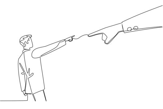 continuo línea dibujar de empresario estar señalando a gigante enorme dedo y mano, simbolizar responsabilidad o mayor autoridad. negocio concepto de internacional evento nacional culpa alguien demás día vector