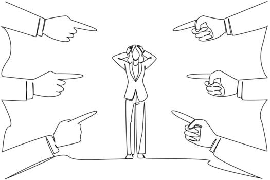 soltero línea dibujo de un afligido negocio mujer agarrando su cabeza, rodeado por múltiple manos señalando dedos a su. intenso culpa o agobiante presión. nacional culpa alguien demás día vector