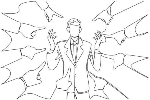 continuo línea dibujo de un empresario con aumentó, abierto manos, mirando afligido, rodeado por señalando manos, sensación abrumado por acusaciones. nacional culpa alguien demás día negocio concepto vector