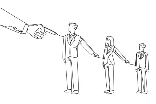 continuo línea dibujar de gigante mano señalando a línea de Tres negocio gente, quien giro señalando a cada otro. culpa cultura y responsabilidad. internacional evento nacional culpa alguien demás día vector