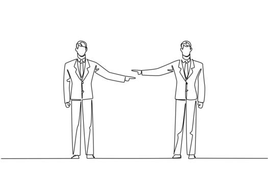 soltero línea dibujo de dos negocio hombres en pie opuesto cada otro, ambos señalando dedos, representando mutuo culpa o desacuerdo. negocio concepto de evento nacional culpa alguien demás día vector