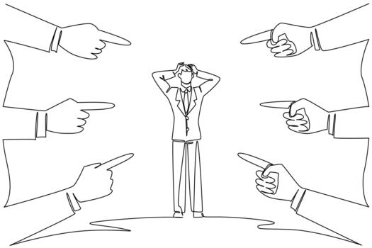 uno línea dibujo de un afligido negocio hombre agarrando su cabeza, rodeado por múltiple manos señalando dedos a a él, simbolizando intenso culpa o presión. nacional culpa alguien demás día evento vector