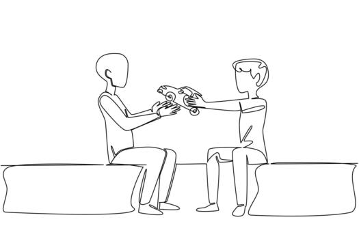 Single line draw of two boys sitting and sharing a toy car, representing friendship, generosity, and playful interaction. National Random Act of Light Day. Support for a friend with cancer at hospital vector
