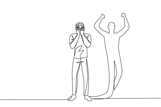 Standing man with face in hands crying beside a flexing shadow in continuous line drawing, honoring National Posttraumatic Growth Day with a health concept, show recovery, courage, resilience, hope vector