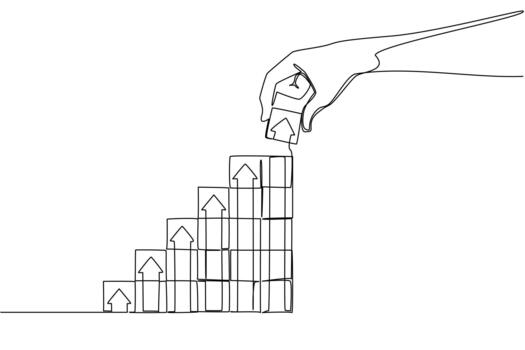 Single line drawing of a hand stacking blocks with rising upward arrow onto a staircase, a business concept of National Productive Business Civility Day event. Show teamwork, trust, efficiency, target vector
