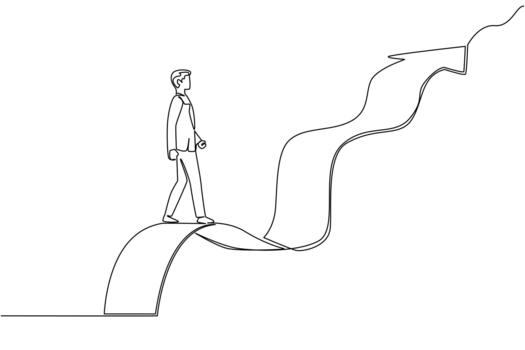 Continuous line draw of a businessman walking on a winding ribbon that ends in an upward pointing arrow. Success and dynamic, challenging career path. National Productive Business Civility Day event vector