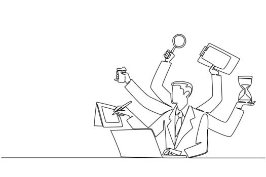 Continuous line draw of a businessman sitting at a laptop with multiple arms holding different tools, magnifying glass, tablet, calendar, coffee, hourglass. Show multitasking and extreme efficiency vector