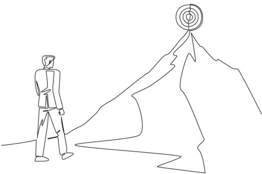 Continuous line drawing of a businessman looking up at a target board bullseye placed on the peak of a high, jagged mountain. Challenging goal or objective. National Productive Business Civility Day vector