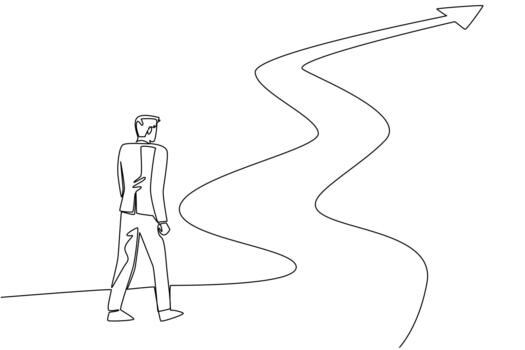 uno línea dibujar de empresario de pie, mirando a un largo, devanado y zigzag camino ese Guías hacia arriba y termina en un flecha. desafiante viaje hacia éxito. nacional productivo negocio civilidad día vector