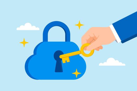 plano ilustración de mano utilizando llave a desbloquear nube candado simbolizando digital seguridad y datos proteccion vector