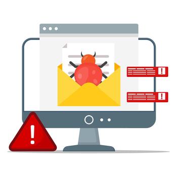 Illustration of a computer screen showing a malware-infected email with alert symbols, representing virus threats, cyber attacks, phishing risks, and digital security warnings. vector