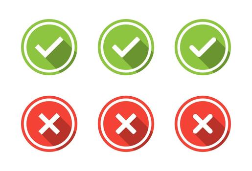 Check and cross icon set with long shadow. Tick and X mark symbol. Accept and reject sign vector
