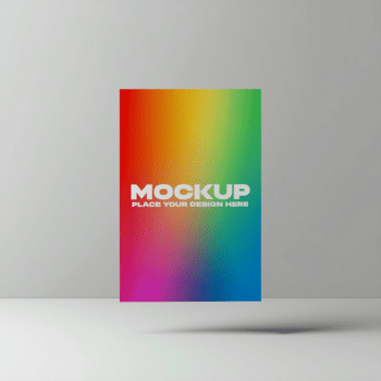 verticale manifesto modello con un' vivace arcobaleno pendenza sfondo galleggiante contro un' minimalista leggero grigio studio ambientazione per design presentazione psd