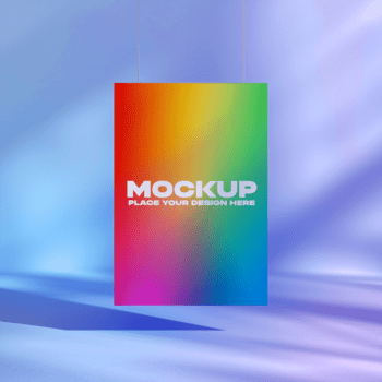 vivace verticale manifesto modello modello con un' colorato pendenza Schermo sospeso contro un' morbido blu sfondo con delicato ombra effetti psd