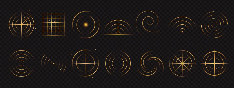 Golden radar waves reflect sound and light in bright circular motion, glowing with neon warmth and sensor precision. Every signal shimmers with the elegance of pure energy. vector