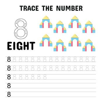 Trace the Number 8 Counting and Writing Worksheet vector