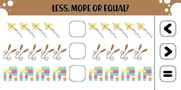 menos, más o igual hoja de cálculo cometa, soga, y bloques contando actividad vector