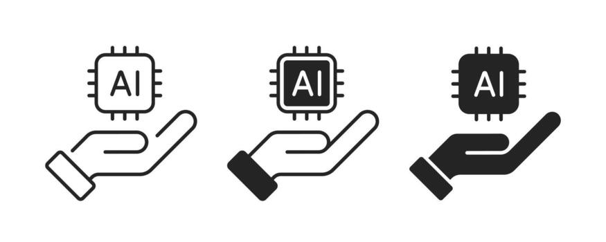 Hand holding AI chip icon. Hand holding artificial intelligence microchip technology icon. Hand holding microchip icon. vector