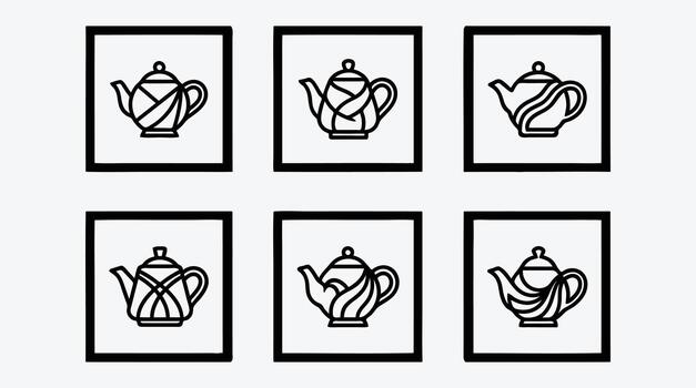 conjunto de seis artístico negro contorno tetera íconos presentando varios resumen arremolinado patrones en elegante cuadrado marcos vector