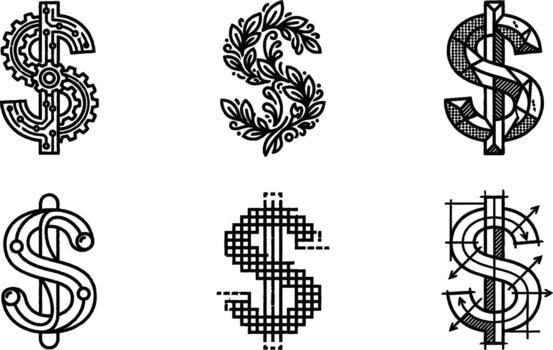 Diverse creative dollar sign icon set representing finance technology nature architecture and digital concepts for modern design needs vector