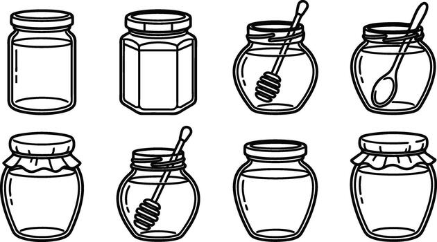 Collection of various empty glass jars with lids and spoons vector