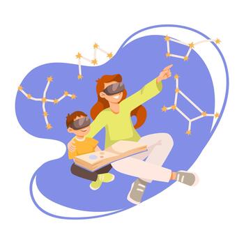 mujer con niño en aumentado realidad lentes acecho constelación ilustración vector