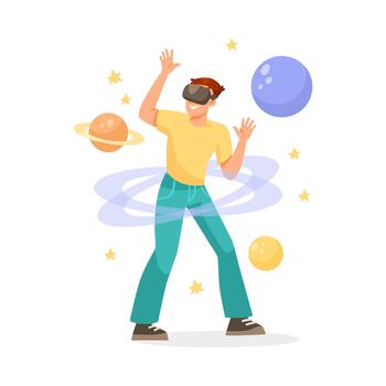 hombre en aumentado realidad lentes a espacio ilustración vector