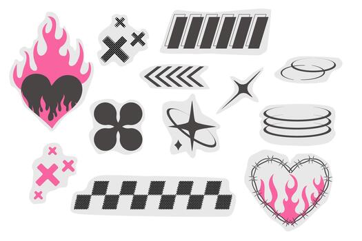 Y2k geometric designelements border set, heart with flame, barbed wire, grid pattern. Groovy cyber retro design elements. vector