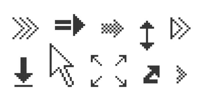 Pixel arrow. Pixel art different directions 8 bit gaming console style sign. Interface icon. Collection vector