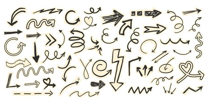 Scrapbook set cut out with paper arrow cutout torn doodle scribble collage elements. Y2k swirl, up and down, right and left arrow collection. vector