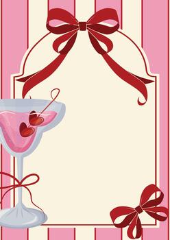 póster sin texto con rosado rayas detrás, rectangular marco para texto, rojo arco y rosado martini en el lado, San Valentín día diseño vector
