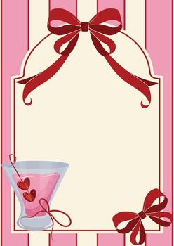 póster modelo sin texto con rosado rayas en el fondo, rectangular marco para texto, rojo arco y rosado cóctel en un pila, San Valentín día diseño vector