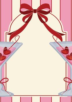 póster sin texto con rayas detrás, rectangular marco para texto, rojo arco y rosado martini en ambos lados, San Valentín día diseño vector