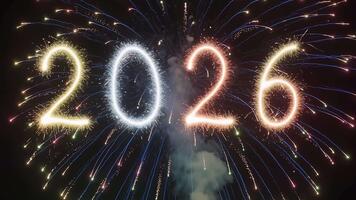 Light Trail Rocket Launch Exploding into 2026 Sparkler Text Reveal for New Year Grand Opening Intro on Black Background video