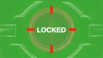 Futuristic HUD crosshair zooming in, turning red, and displaying LOCKED text on green screen for scifi targeting concepts video