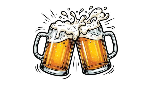 Two beer mugs clinking in a celebratory toast with frothy beer splashing out isolated on a white background. vector