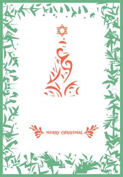A Christmas card design features an abstract orange swirl tree motif and MERRY CHRISTMAS text within a jagged green leaf border. vector