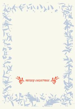 A vertical holiday background with a beige center, framed by abstract light blue frosty patterns and a small red Merry Christmas message. vector