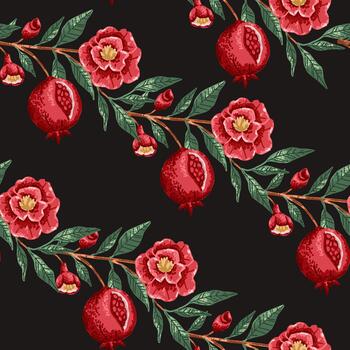 Seamless pattern for fabric with pomegranate branch and fruit on dark black background vector