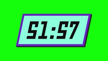 Digital countdown timer from 52 minute to 51 minute on a tilted rectangular display with a green background video