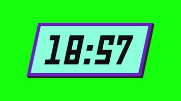 Digital countdown timer from 19 minute to 18 minute on a tilted rectangular display with a green background video