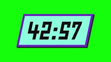 Digital countdown timer from 43 minute to 42 minute on a tilted rectangular display with a green background video