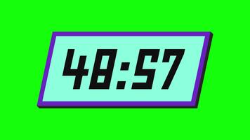 digital nedräkning timer från 49 minut till 48 minut på en lutande rektangulär visa med en grön bakgrund video