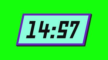 Digital countdown timer from 15 minute to 14 minute on a tilted rectangular display with a green background video